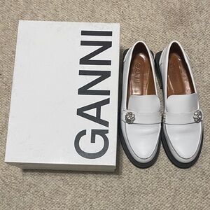 Ganni White Leather Loafers with Rhinestone Buckle